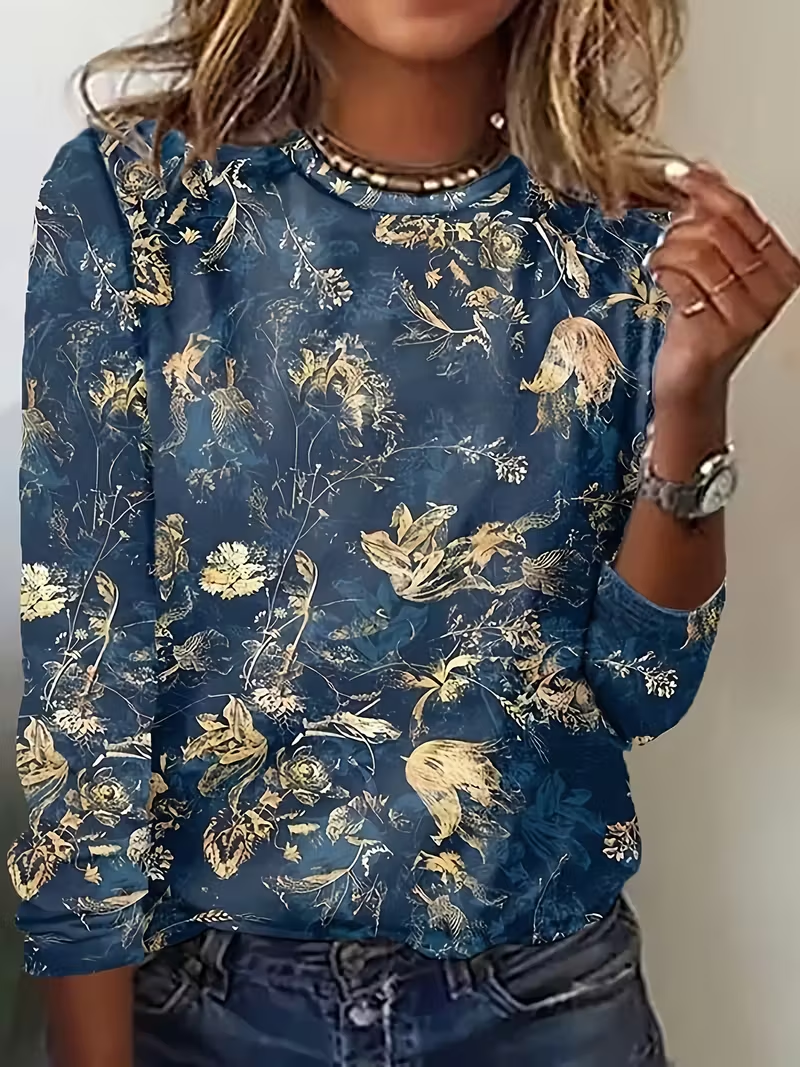 Lässig Geblümt Rundhals Langarm T-Shirt