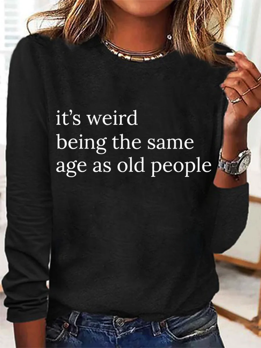 Rundhals Langarm Textbriefe Regelmäßig Mittlere Elastizität Weit Bluse für Damen