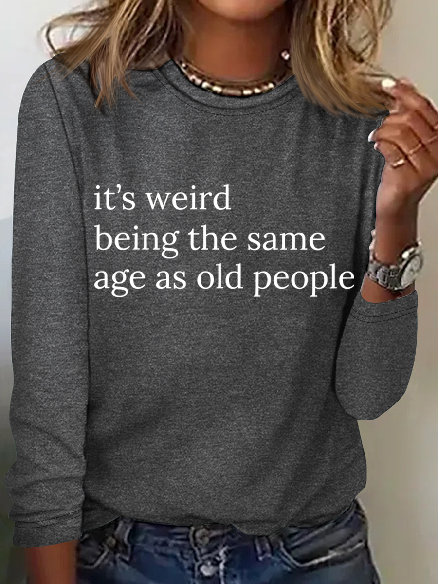 Rundhals Langarm Textbriefe Regelmäßig Mittlere Elastizität Weit Bluse für Damen