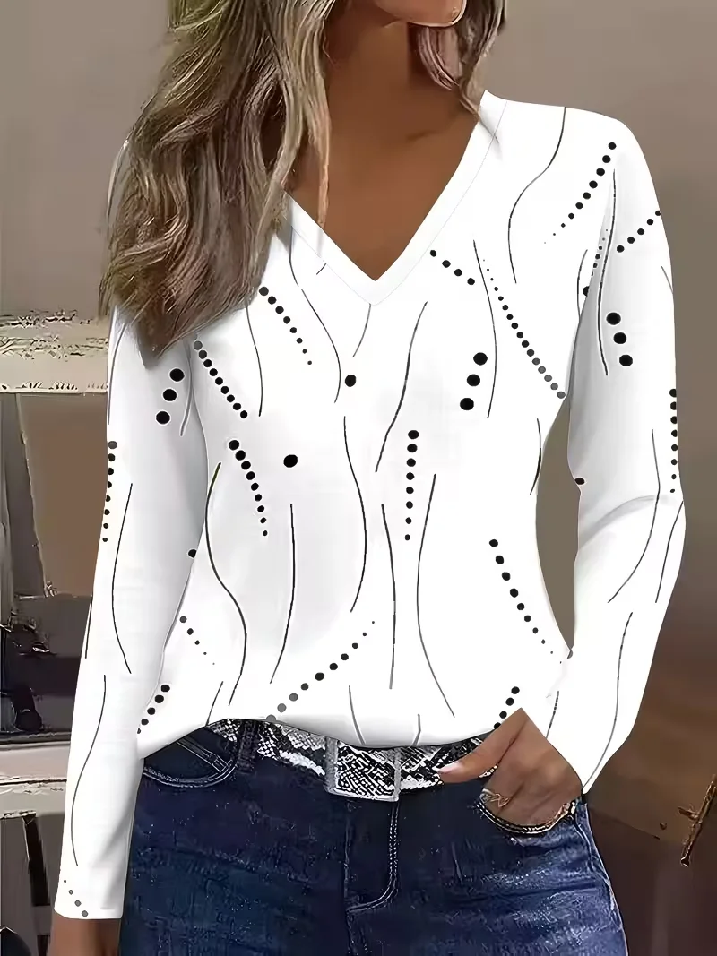 Lässig Polka Dots V-Ausschnitt Langarm T-Shirt