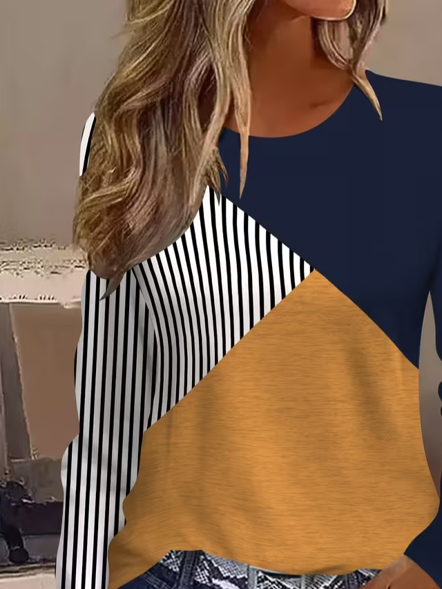 Lässig Kontrastnaht Rundhals Langarm T-Shirt