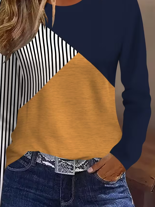 Lässig Kontrastnaht Rundhals Langarm T-Shirt