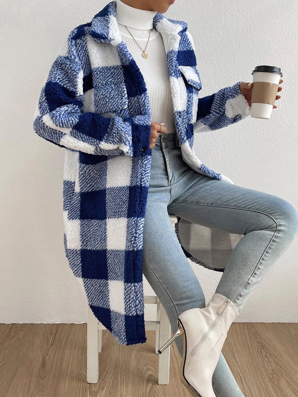 Damen Winter Oberbekleidung Lässig Print Kariert Langarm Schalkragen Jacke