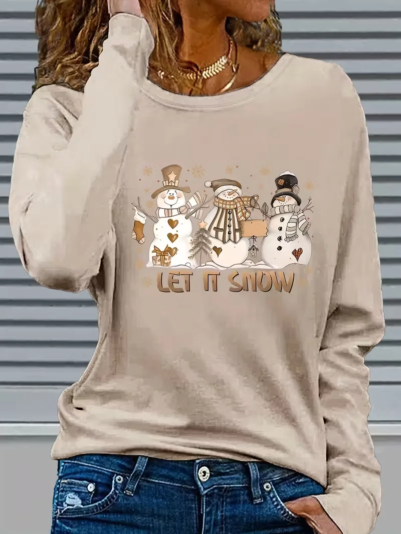 Lässig Weihnachtsschneemann Rundhals Langarm T-Shirt