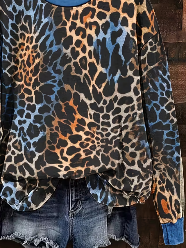 Lässig Rundhals Leopard Sweatshirt Print