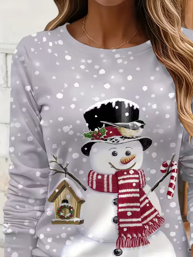 Lässig Weihnachtsschneemann Rundhals Langarm T-Shirt