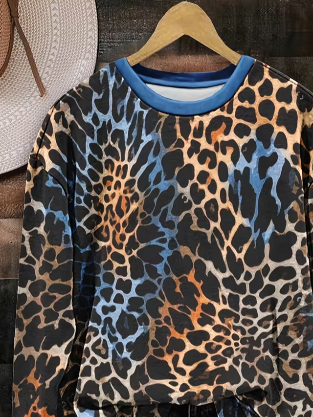 Lässig Rundhals Leopard Sweatshirt Print
