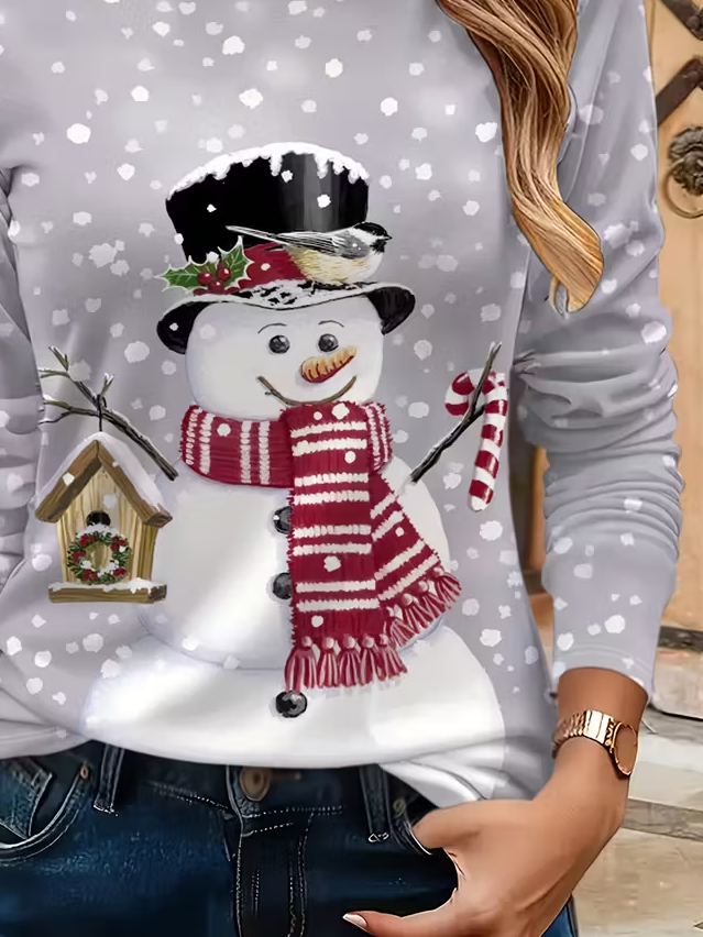Lässig Weihnachtsschneemann Rundhals Langarm T-Shirt