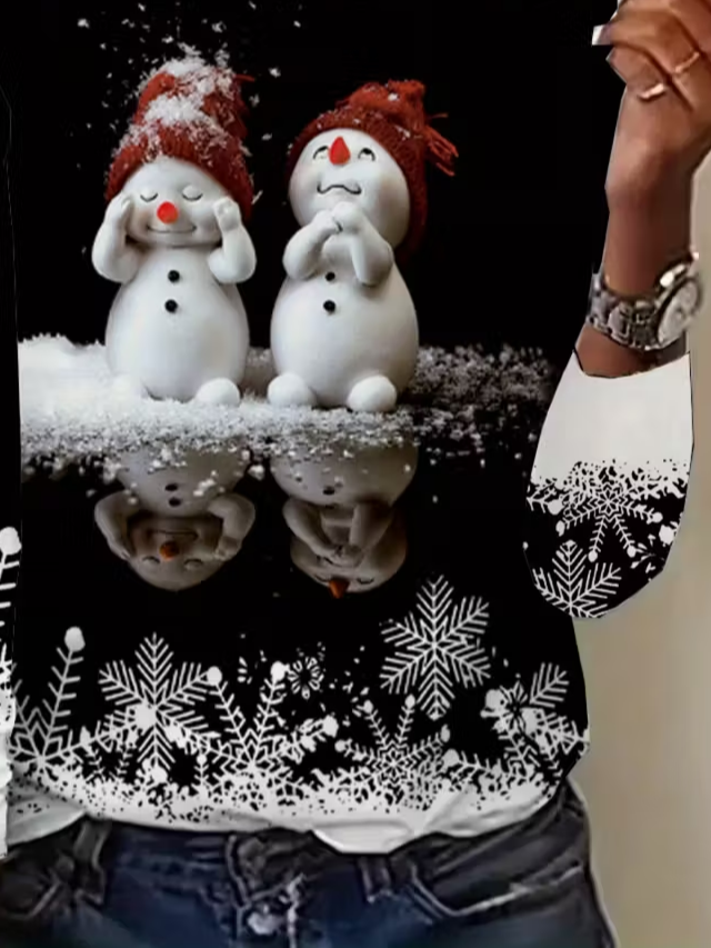 Lässig Weihnachtsschneemann Rundhals Langarm T-Shirt