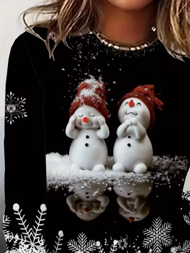 Lässig Weihnachtsschneemann Rundhals Langarm T-Shirt
