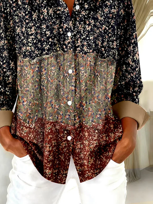 Hemdkragen Normale Ärmel Langarm Geblümt Schnalle Regelmäßig Weit Knopfhemd Bluse für Damen