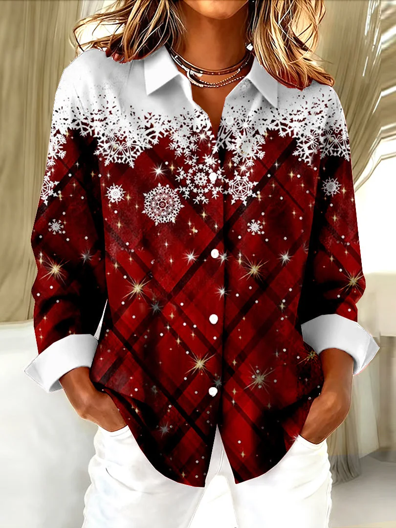 Hemdkragen Normale Ärmel Langarm Weihnachten Schnalle Regelmäßig Weit Knopfhemd Bluse für Damen