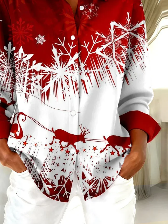 Hemdkragen Normale Ärmel Langarm Weihnachten Schnalle Regelmäßig Weit Knopfhemd Bluse für Damen