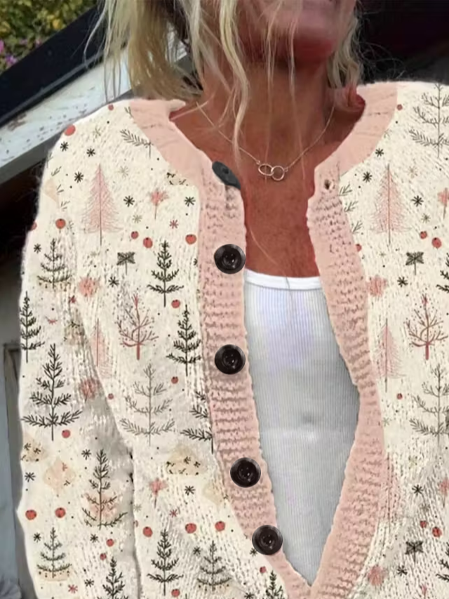 Damen Weihnachten Langarm Bequem Retro Print Strickjacke