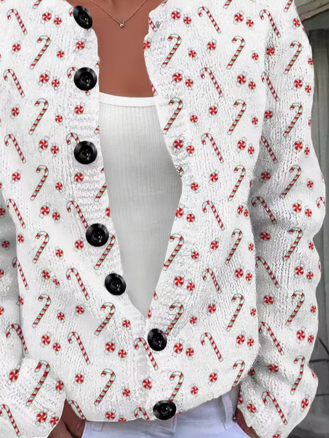 Damen Weihnachten Langarm Bequem Retro Print Strickjacke