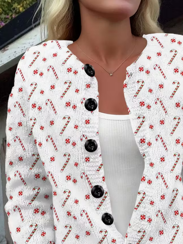 Damen Weihnachten Langarm Bequem Retro Print Strickjacke