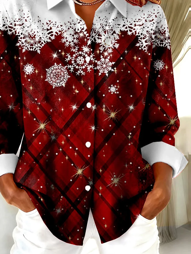 Hemdkragen Normale Ärmel Langarm Weihnachten Schnalle Regelmäßig Weit Knopfhemd Bluse für Damen