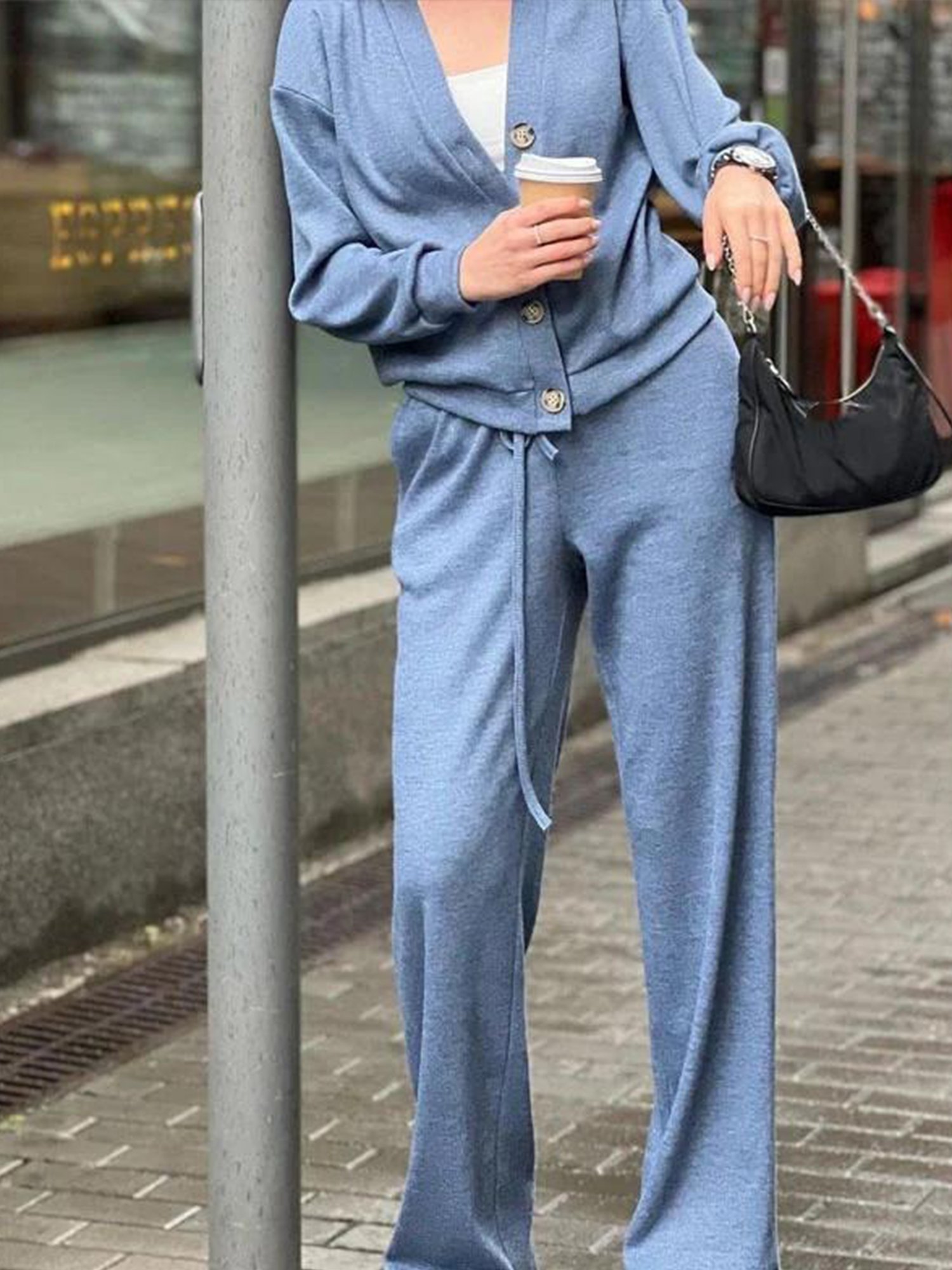 Damen Unifarben Geknöpft Zweiteiliges Set Täglich Langarm Lässig Frühling/Herbst Bluse mit Hose Matching Set