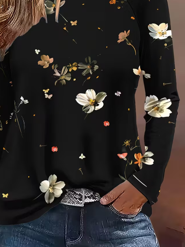 Lässig Geblümt Rundhals Langarm T-Shirt