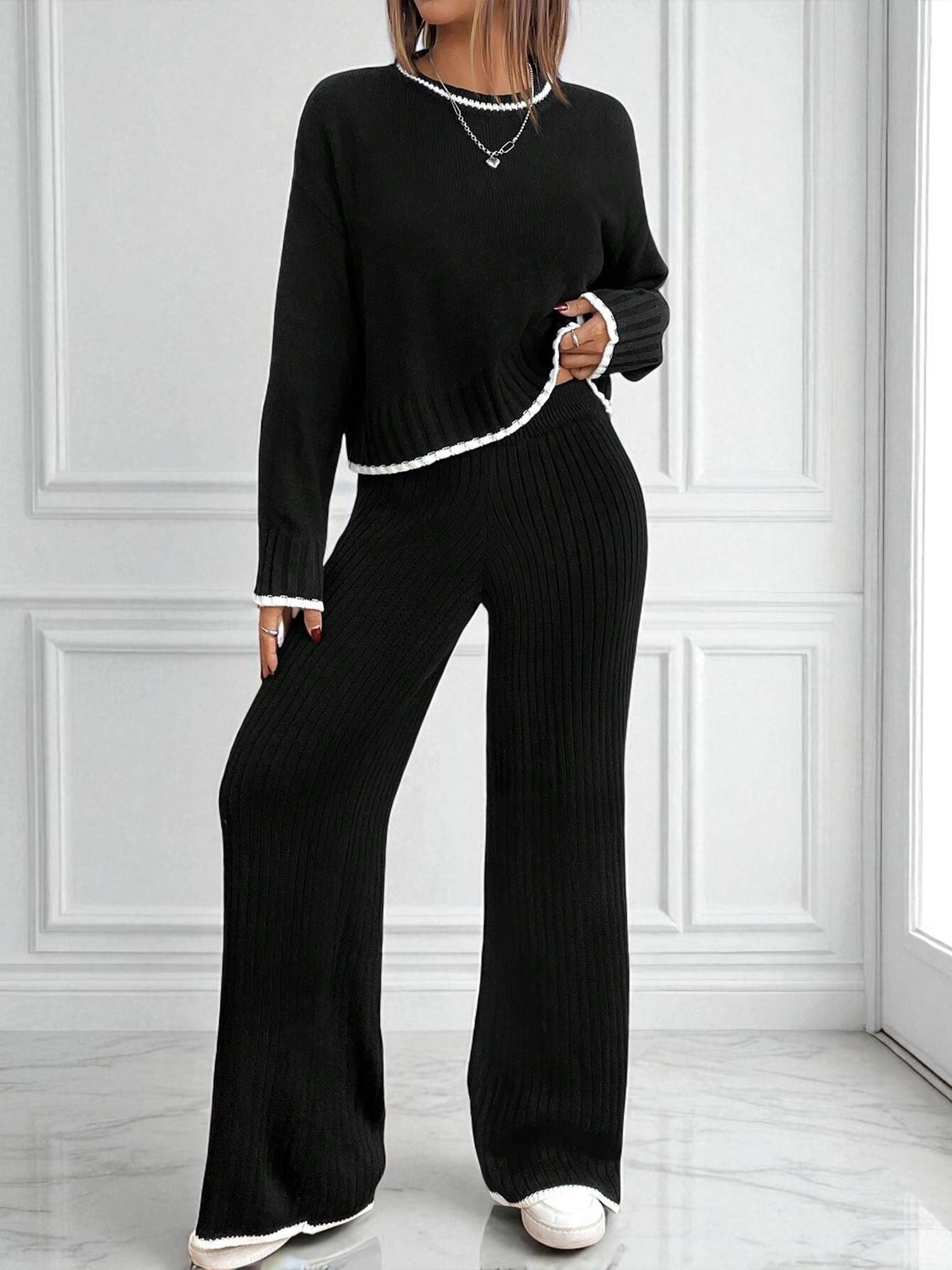Damen Farbblock Zweiteiliges Set Täglich Langarm Lässig Frühling/Herbst Bluse mit Hose Matching Set