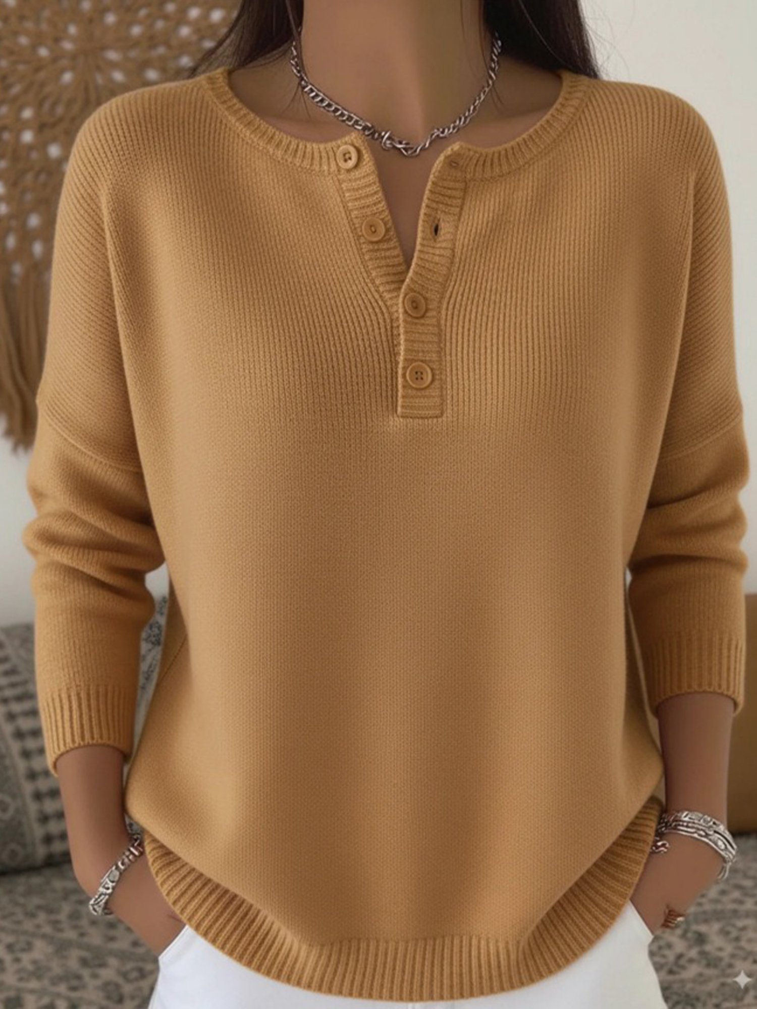 Damen Unifarben Langarm Bequem Lässig Pullover