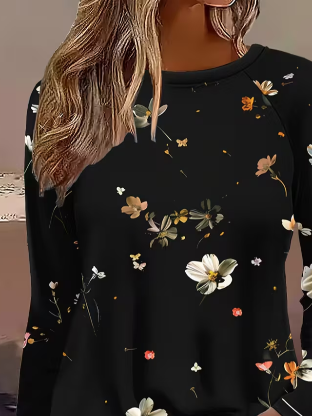Lässig Geblümt Rundhals Langarm T-Shirt