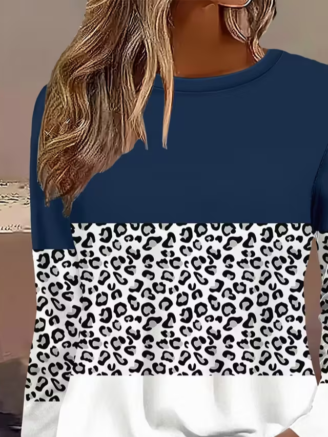 Lässig Leopard Rundhals Langarm T-Shirt