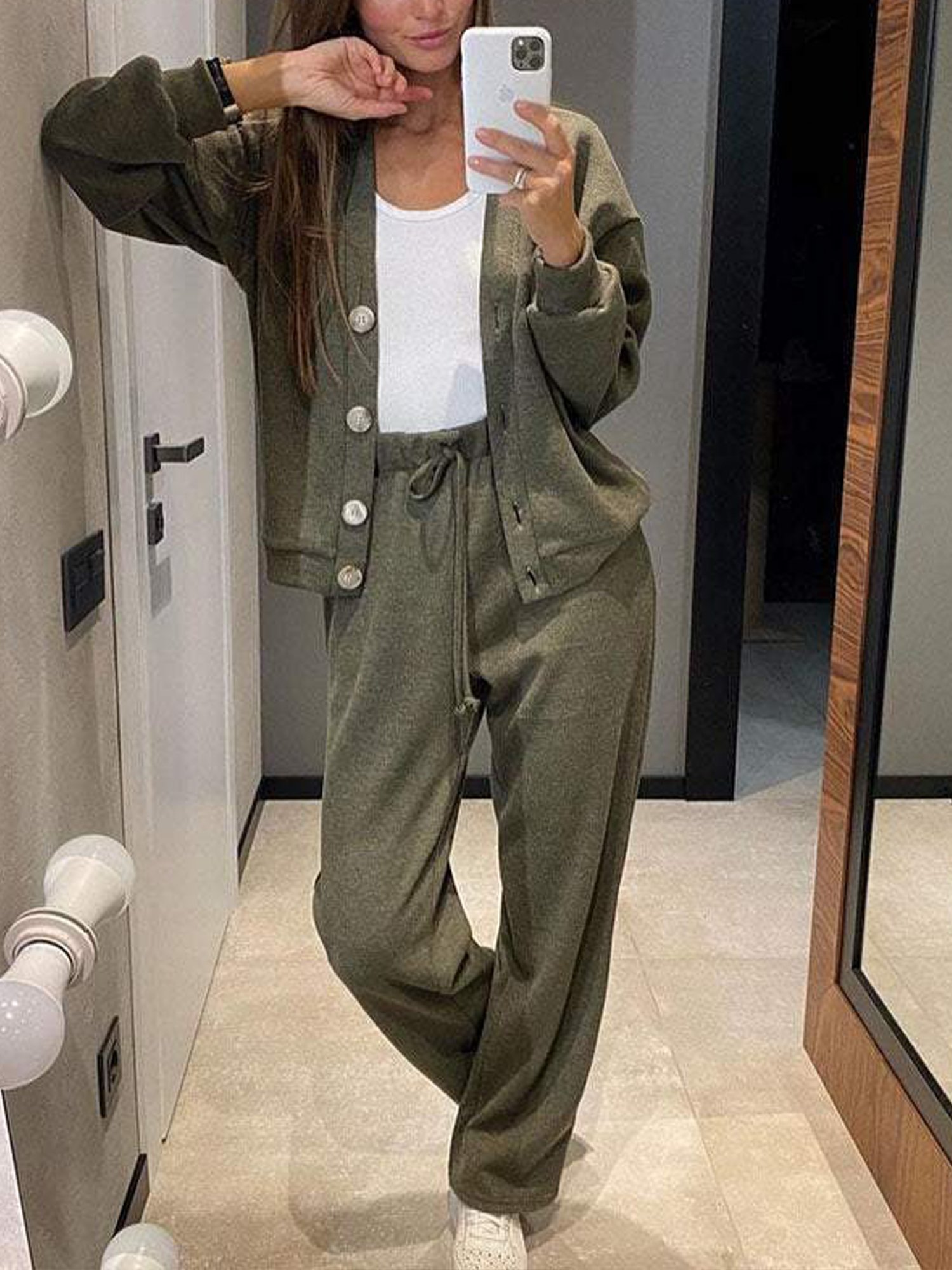 Damen Unifarben Geknöpft Zweiteiliges Set Täglich Langarm Lässig Frühling/Herbst Bluse mit Hose Matching Set