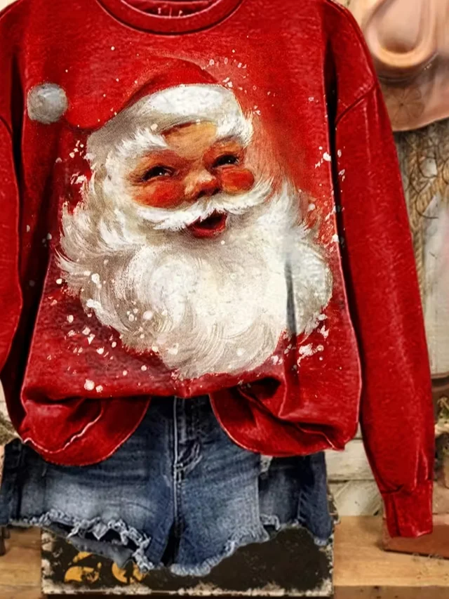 Lässig Rundhals Weihnachtsmann Sweatshirt Print