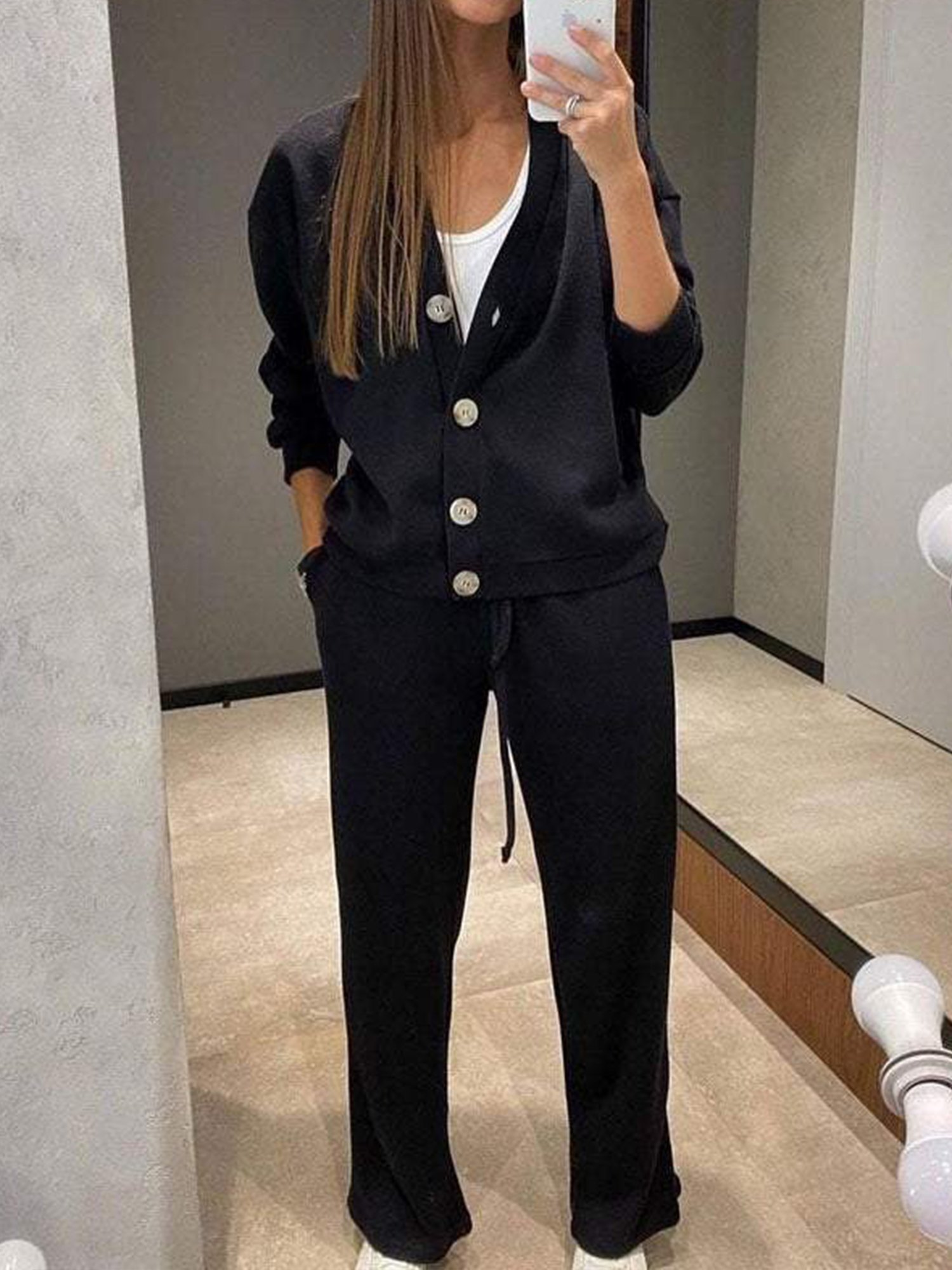 Damen Unifarben Geknöpft Zweiteiliges Set Täglich Langarm Lässig Frühling/Herbst Bluse mit Hose Matching Set
