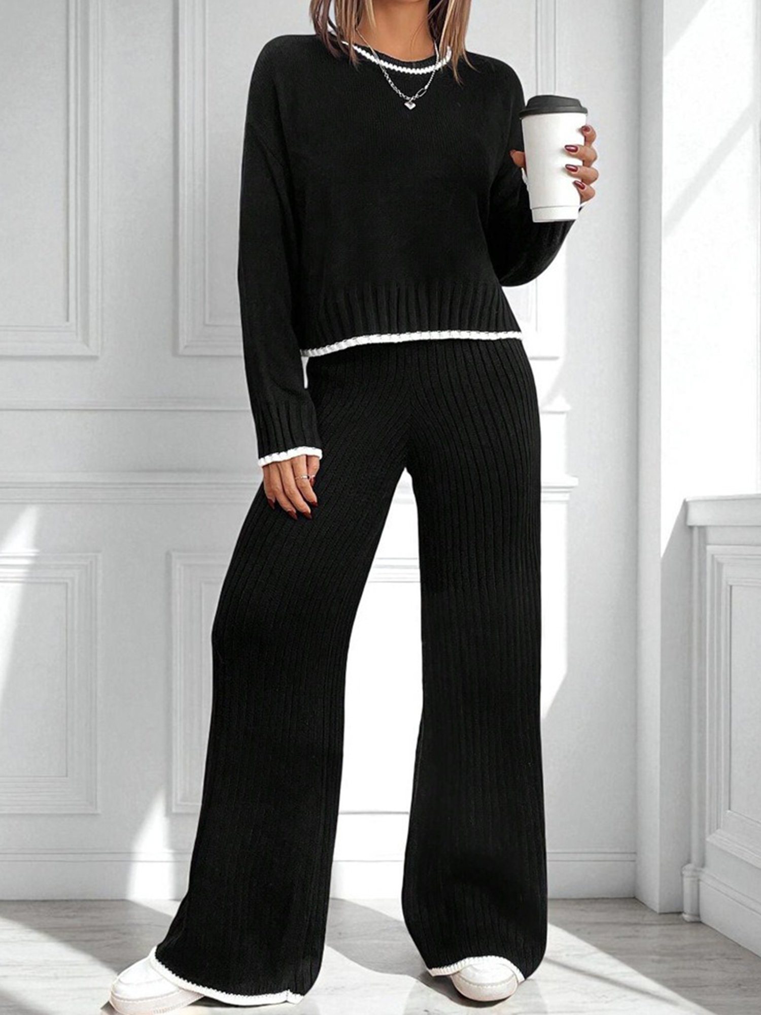 Damen Farbblock Zweiteiliges Set Täglich Langarm Lässig Frühling/Herbst Bluse mit Hose Matching Set
