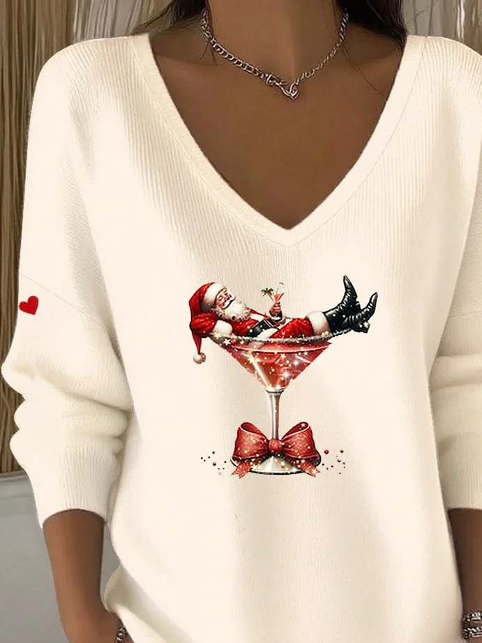 Lässig Weihnachtsmann V-Ausschnitt Langarm T-Shirt