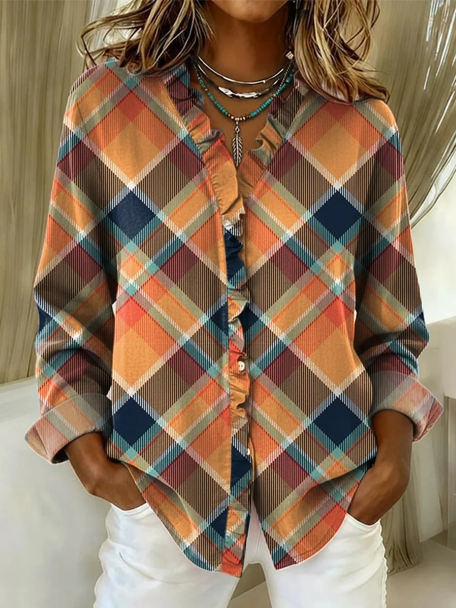 Spitze Ausschnitt Langarm Geometrisch Regelmäßig Weit Bluse für Damen