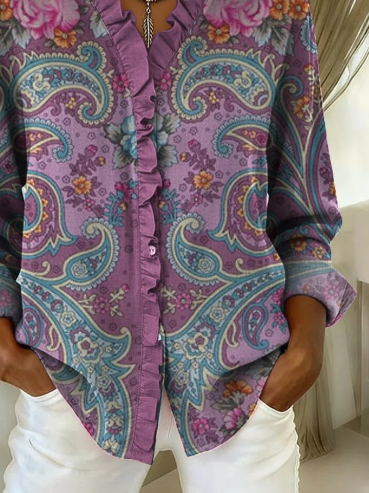 Spitze Ausschnitt Langarm Geblümt Regelmäßig Weit Bluse für Damen