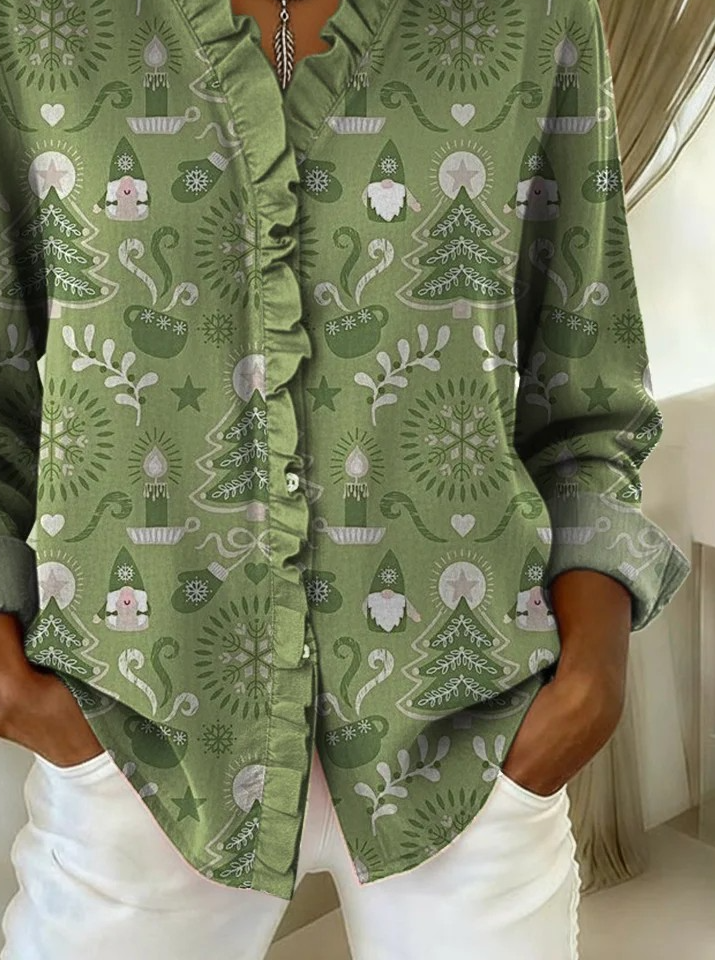 Spitze Ausschnitt Langarm Weihnachtsmann Regelmäßig Weit Bluse für Damen