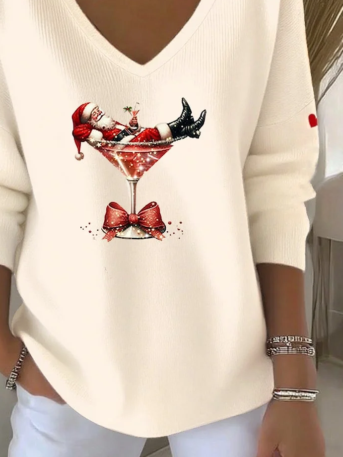 Lässig Weihnachtsmann V-Ausschnitt Langarm T-Shirt