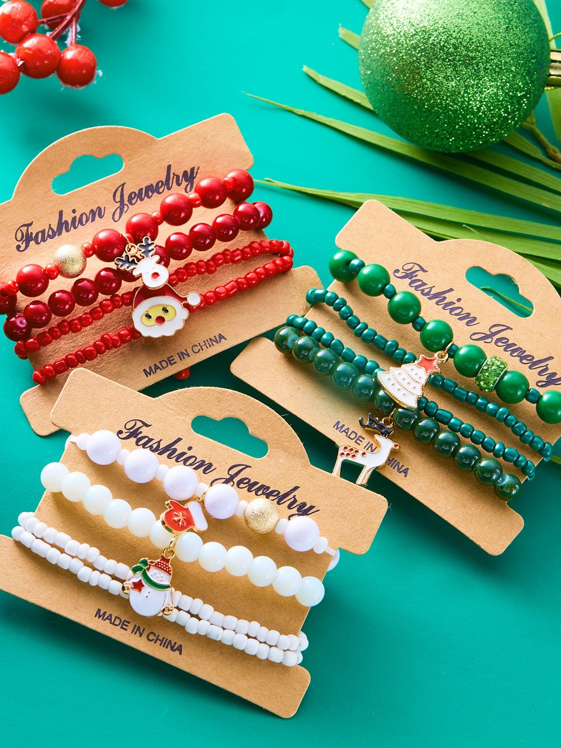 Neu Weihnachten Reis Korn Armband Vier-Pack Damen Stapeln Weihnachtsmann Schneeflocke Glocke Elch Urlaub Party Armband