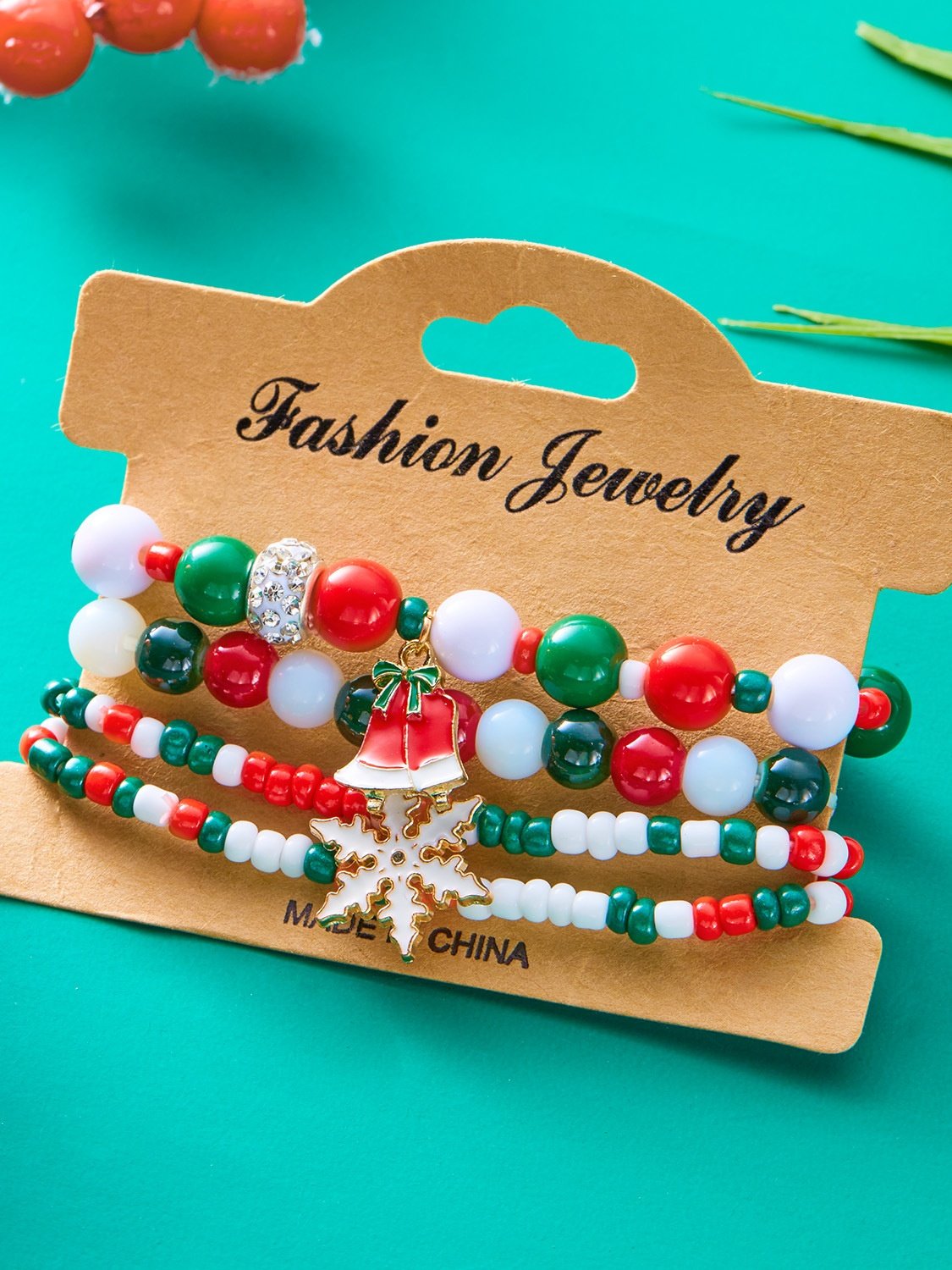 Neu Weihnachten Reis Korn Armband Vier-Pack Damen Stapeln Weihnachtsmann Schneeflocke Glocke Elch Urlaub Party Armband