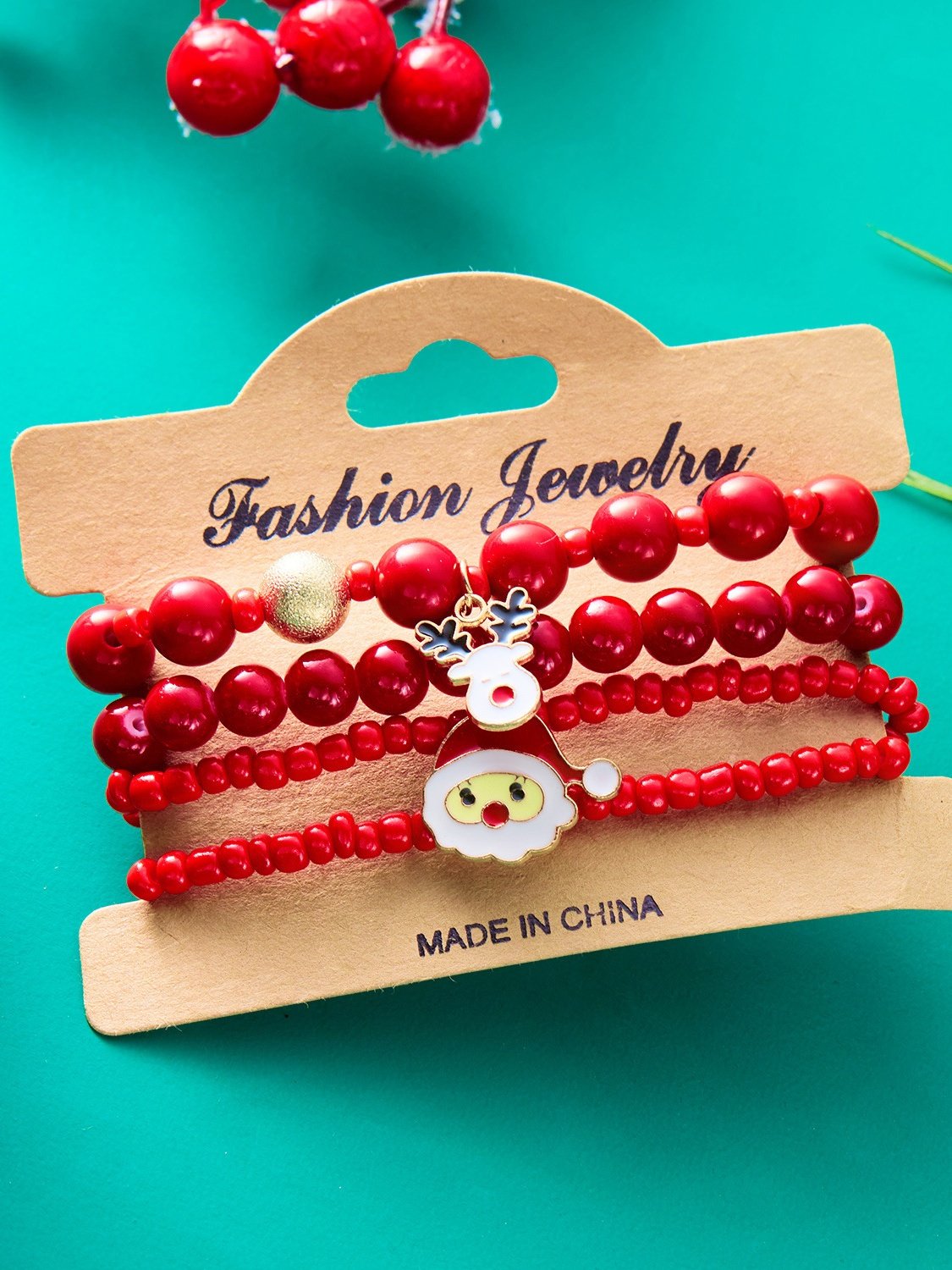Neu Weihnachten Reis Korn Armband Vier-Pack Damen Stapeln Weihnachtsmann Schneeflocke Glocke Elch Urlaub Party Armband