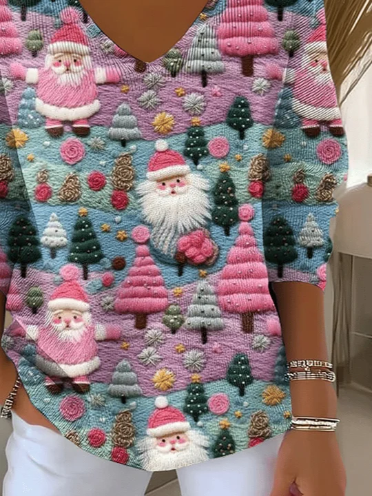 Lässig Weihnachtsmann V-Ausschnitt Langarm T-Shirt