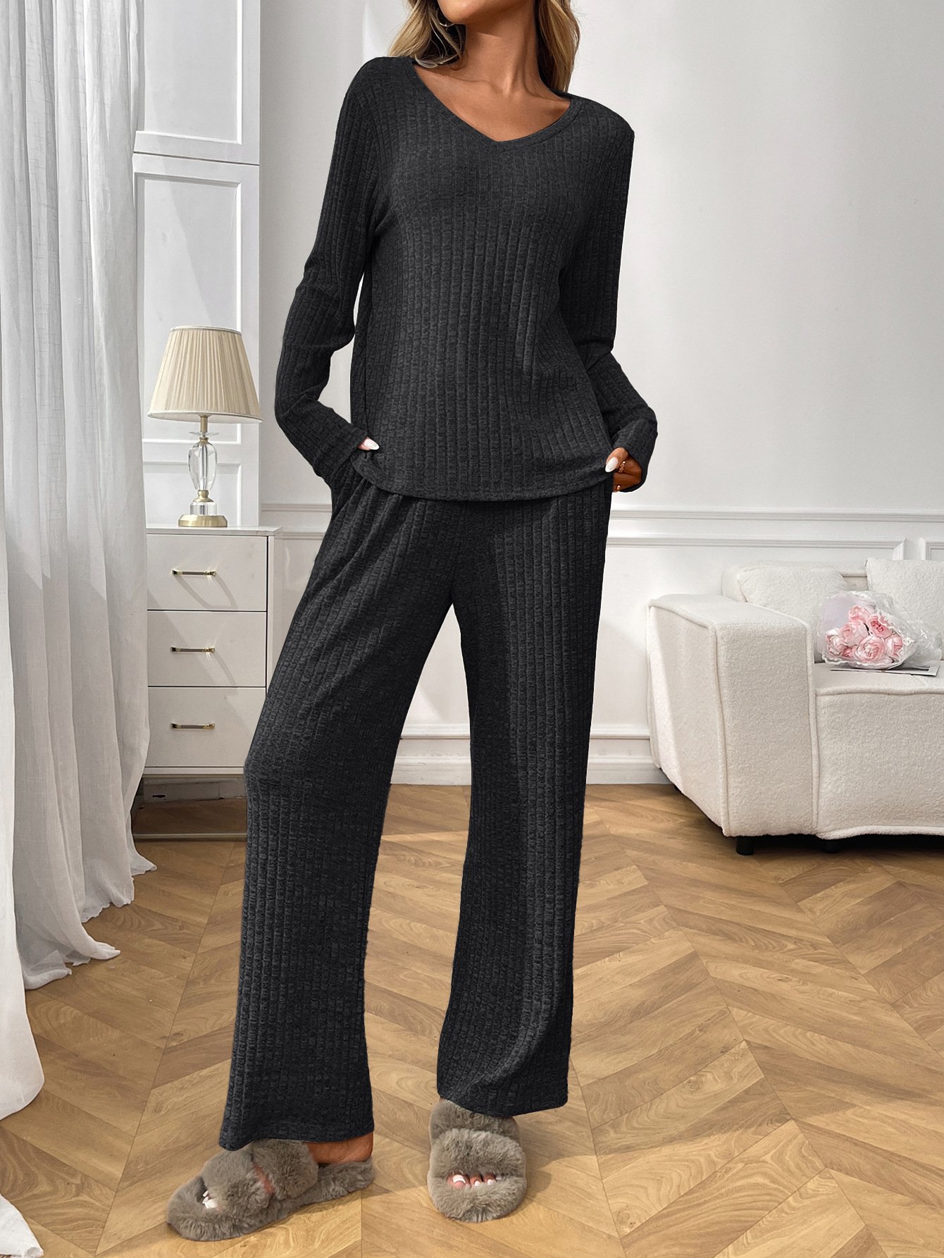 Damen Unifarben Zweiteiliges Set Täglich Langarm Lässig Frühling/Herbst Bluse mit Hose Matching Set