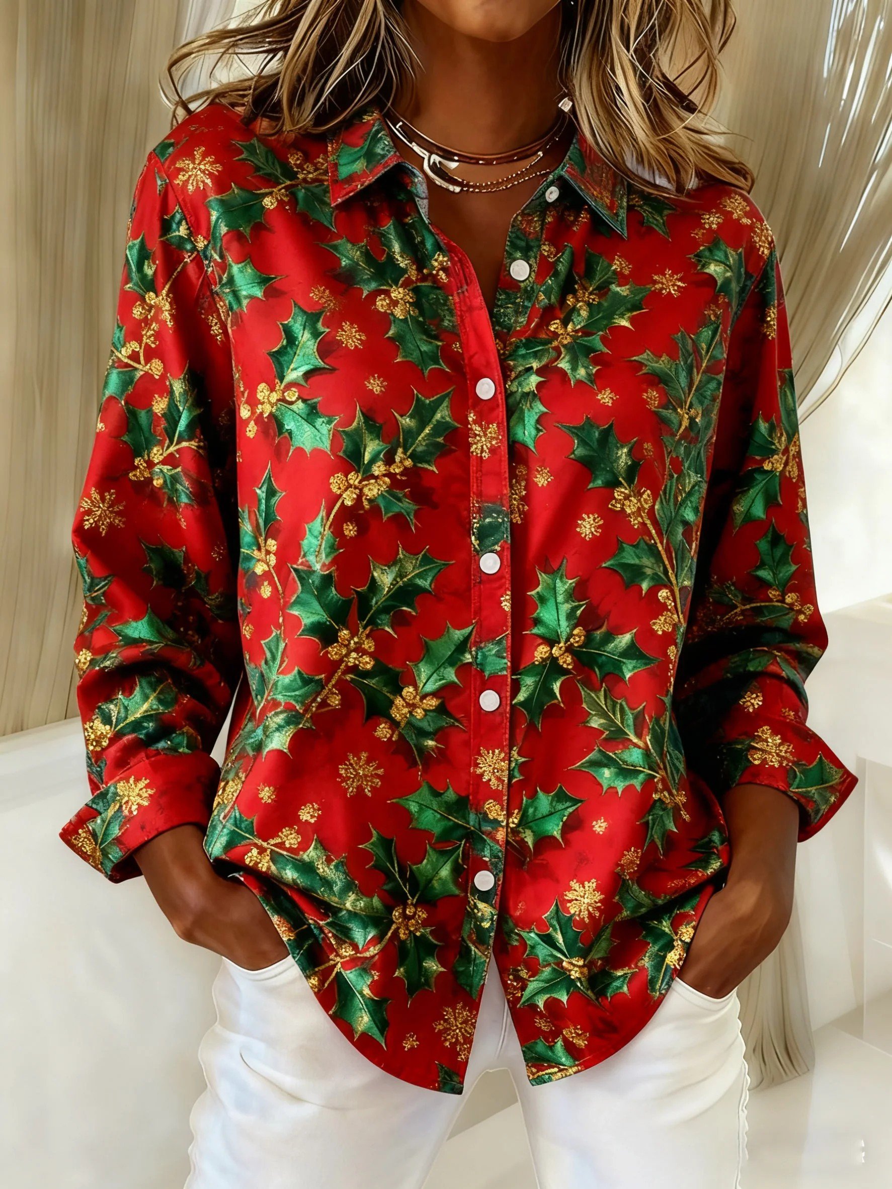Schalkragen Langarm Weihnachten Regelmäßig Weit Bluse für Damen