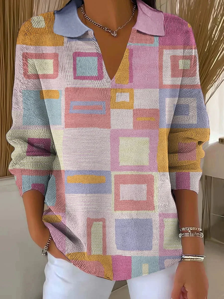 Damen Geometrisch Langarm Bequem Retro Pullover
