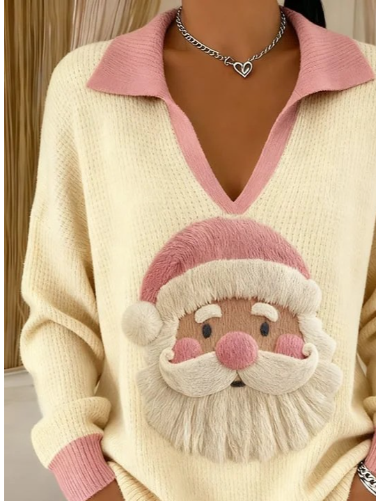 Damen Weihnachtsmann Langarm Bequem Retro Pullover