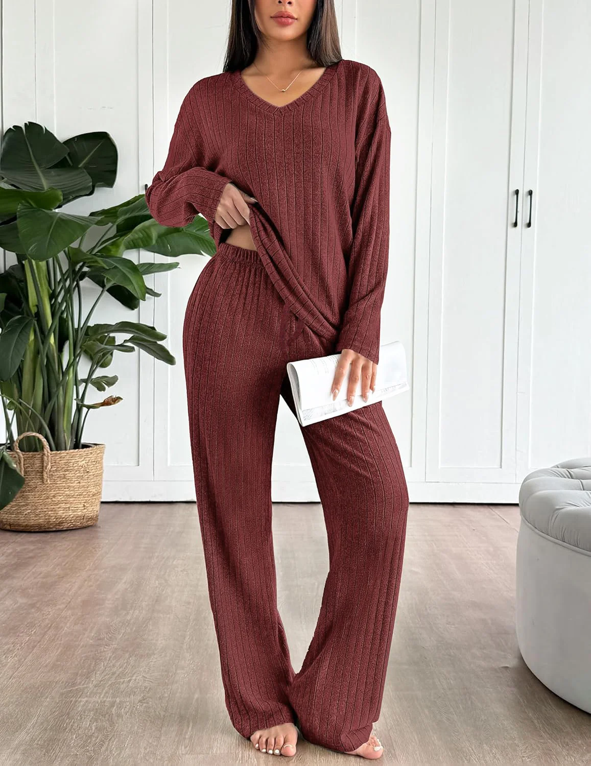 Damen Unifarben Zweiteiliges Set Täglich Langarm Lässig Frühling/Herbst Bluse mit Hose Matching Set