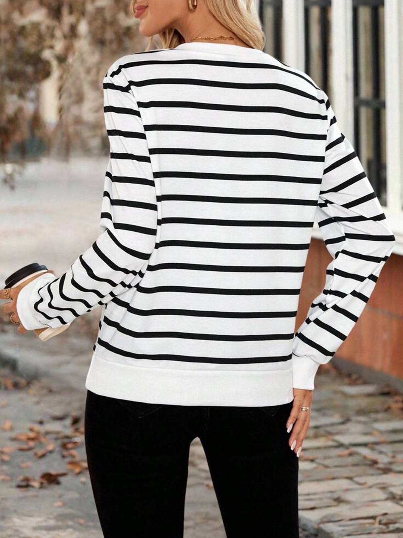 Lässig Stehkragen Gestreift Sweatshirt