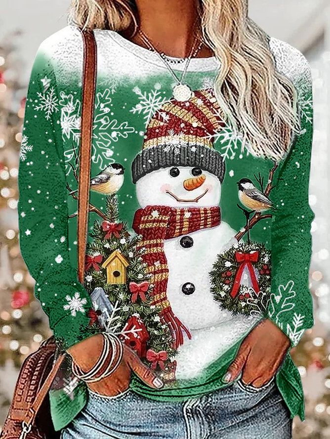 Lässig Weihnachtsschneemann Rundhals Langarm T-Shirt