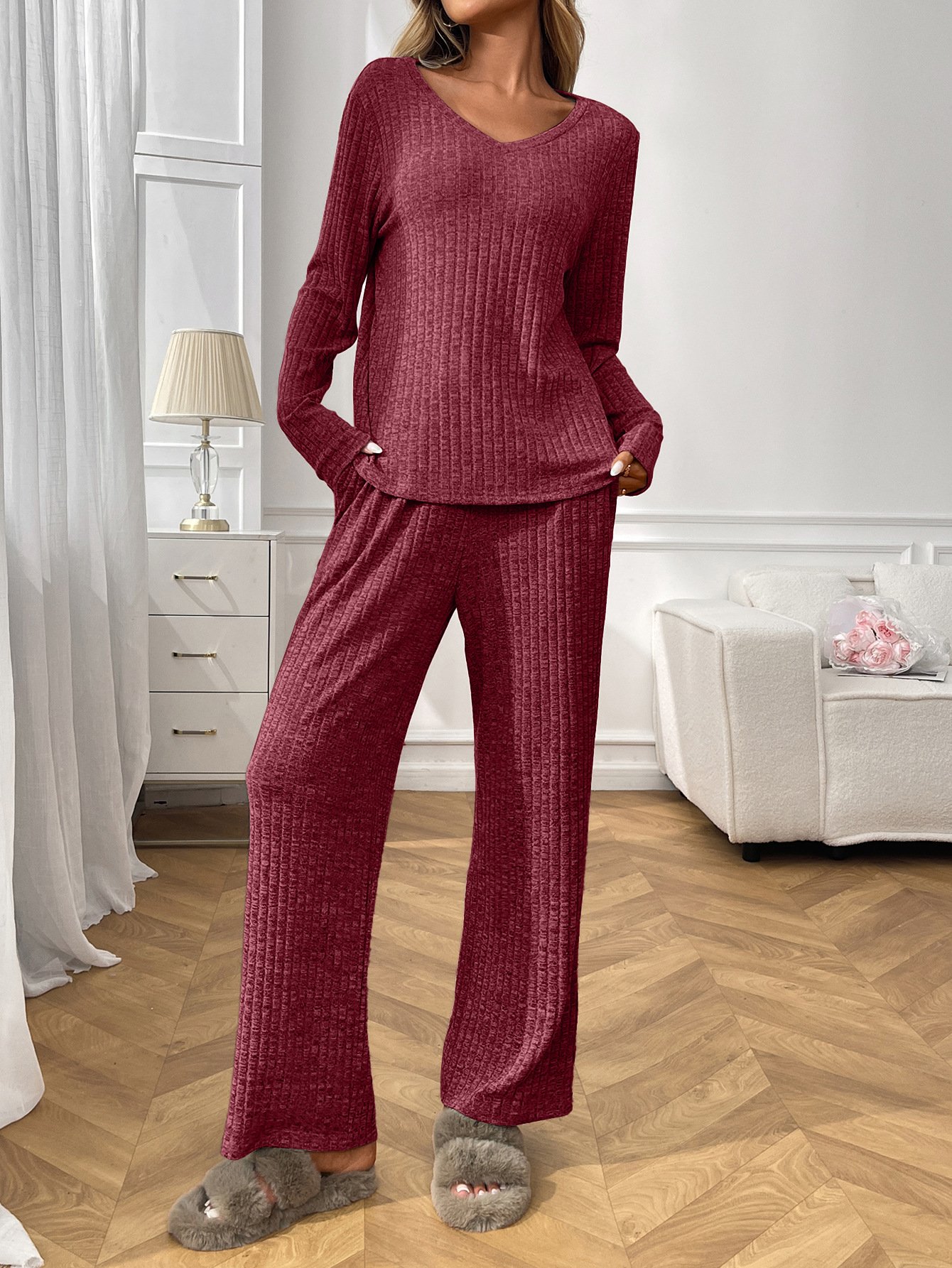 Damen Unifarben Zweiteiliges Set Täglich Langarm Lässig Frühling/Herbst Bluse mit Hose Matching Set