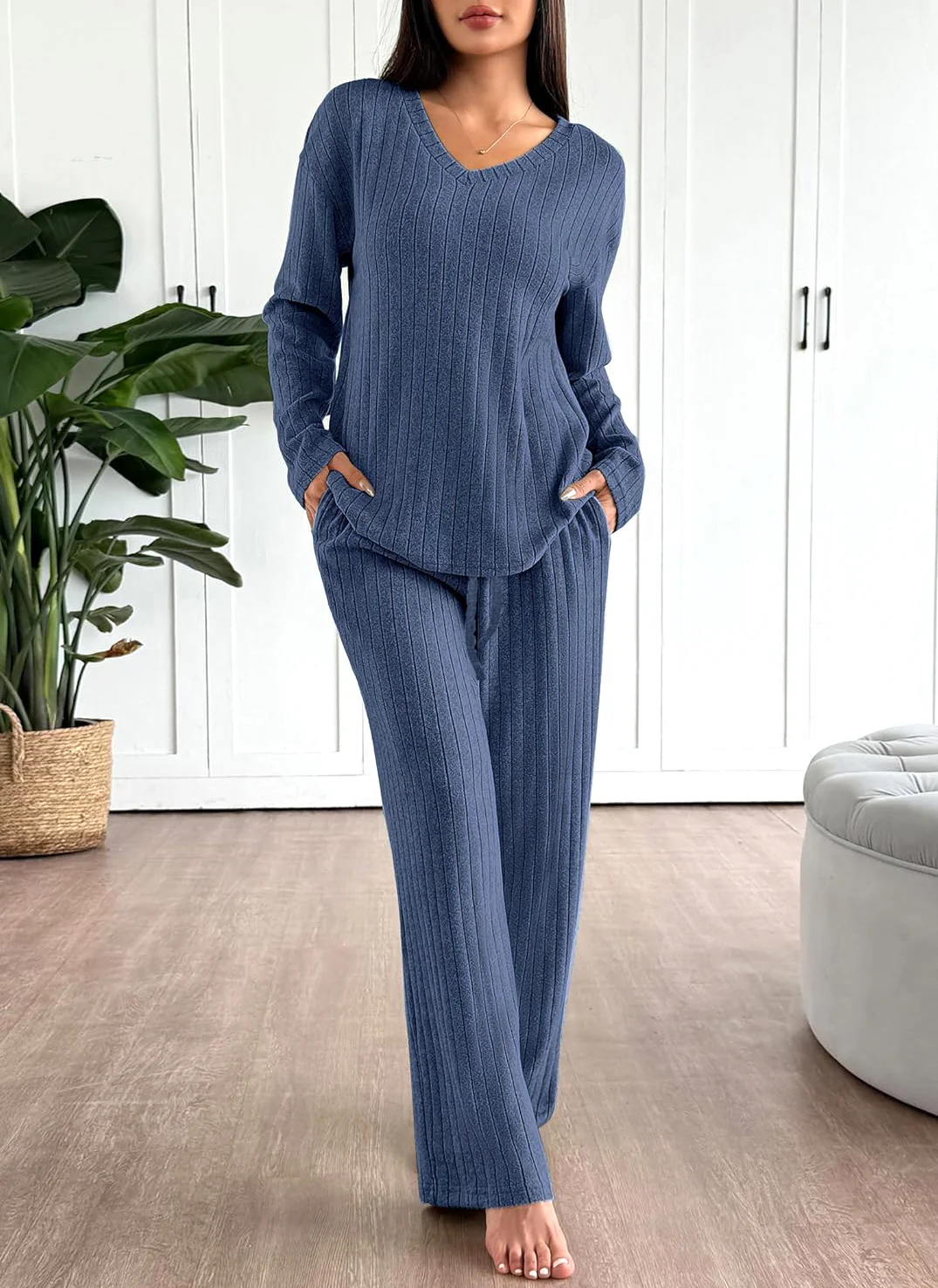 Damen Unifarben Zweiteiliges Set Täglich Langarm Lässig Frühling/Herbst Bluse mit Hose Matching Set