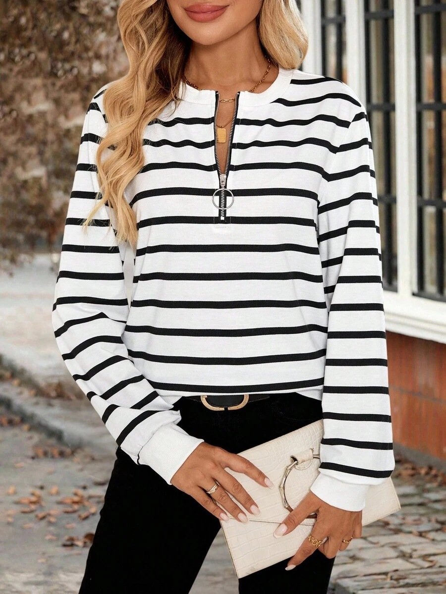 Lässig Stehkragen Gestreift Sweatshirt